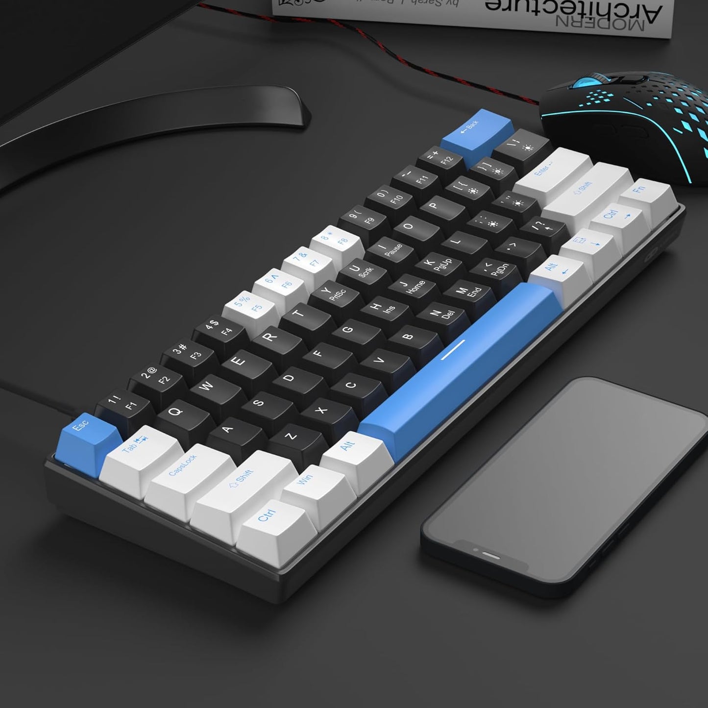 60% Mechanical Gaming Keyboard, White Gaming Keyboard with Red Switches, Detachable Type-C Cable Mini Keyboard with Blue LED Light for/PC/Laptop