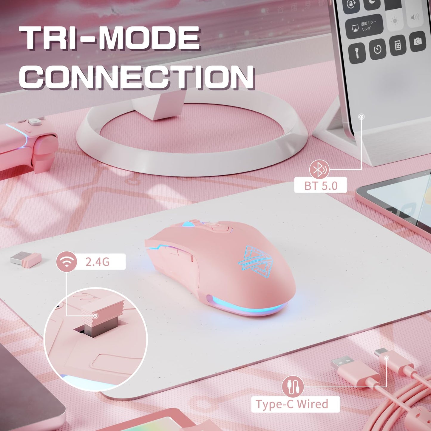 AJ52PRO Wired Wireless Bluetooth Gaming Mouse with RGB LED Backlight Adjustable 10000DPI Ergonomic 7 Programmable Button Rechargeable 800mAh Battery 2.4Ghz USB Receiver for PC Mac PS4 Xbox Gamer(Pink)