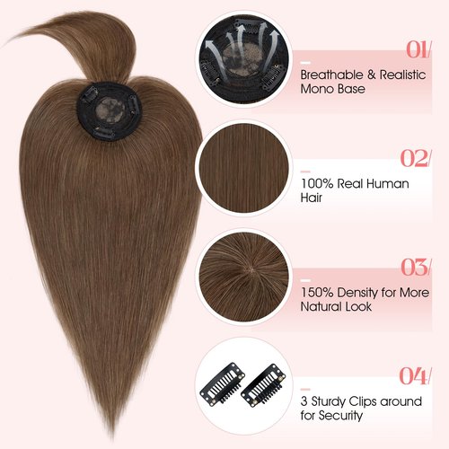 Hairro Mono Hair Toppers with Bangs, 3.4" x 3.4" Mono Base 100% Real Human Hairpieces for Women, 150% Density Clips In Topper for Greyish Thinning Hair, 14 Inch Medium Brown