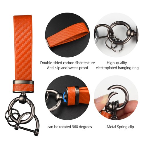 Turcee Carbon Fiber Car Keychain,Automotive Interior Accessories Keychains Leather Car Key Fob,Car Accessories Key Ring&Anti-Lost D-Ring(Orange)
