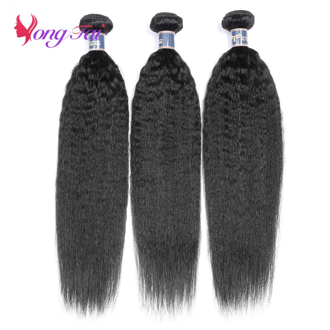 Kinky Straight Hair 3 Bundles 14 16 18 Inch 100% Unprocessed Brazilian Yaki Straight Bundles Human Hair Weave Extensions 1B Color Kinky Straight Human Hair for Women