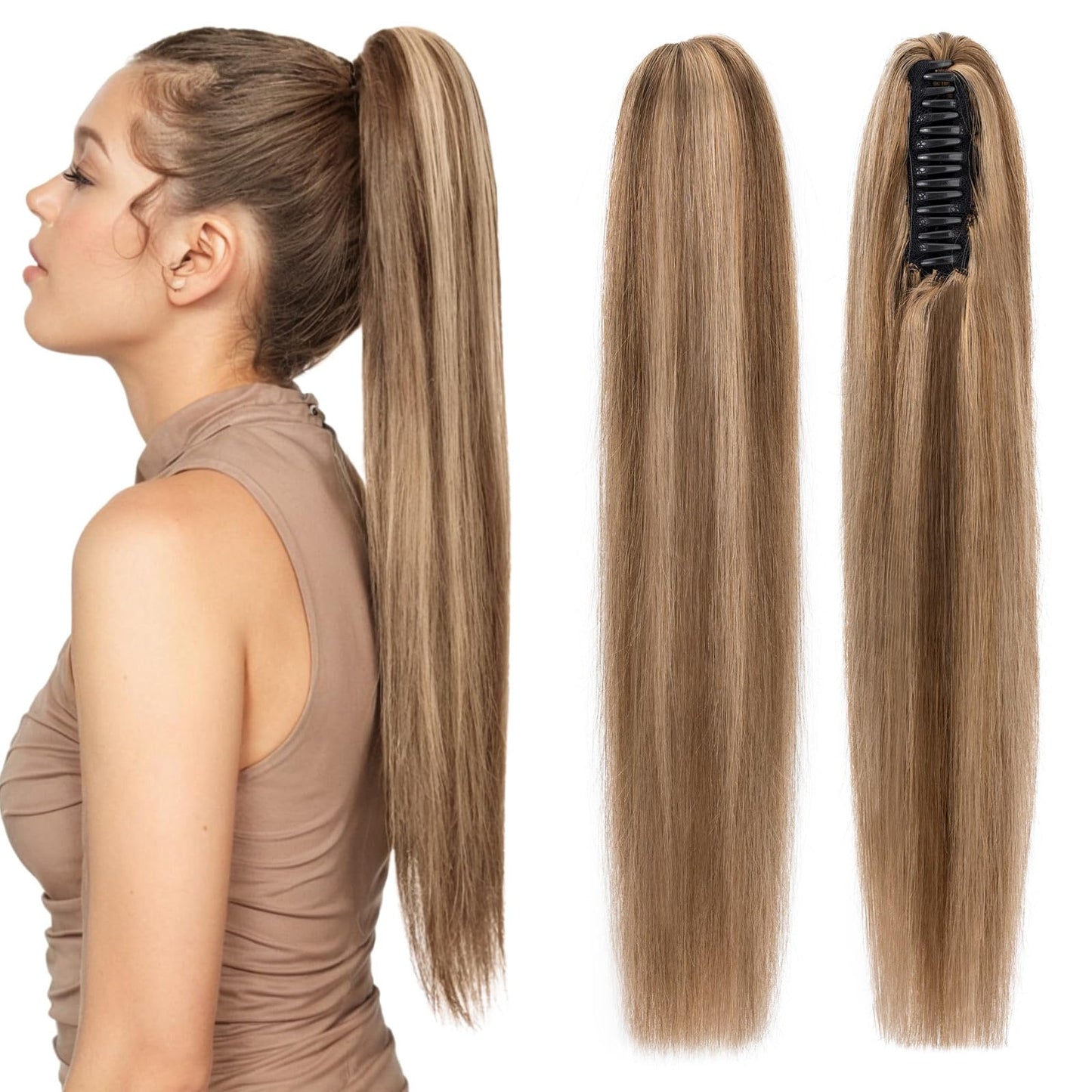 Human Hair Claw Clip Ponytail, Claw Clip Human Hair Ponytail,Effortless Application with Secure Hold,Style in Seconds,Quick Styling Solutions for Busy Lives 16"/109g Medium Brown Mix Dark Blonde