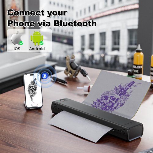 PokeLabel Wireless Tattoo Stencil Printer, Thermal Tattoo Printer Machine with 10Pcs Transfer Paper, Tattoo Printer for Skin Compatible with iPad Smartphone PC, Tattoo Transfer Printer