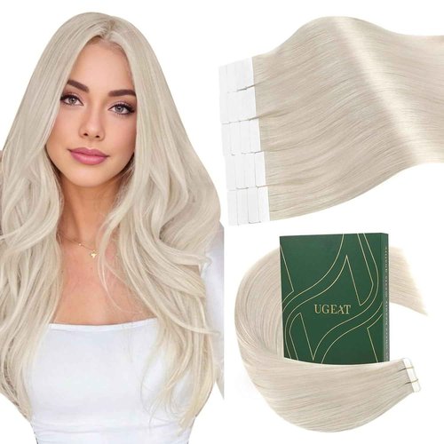 Ugeat Platinum Blonde Tape in Hair Extensions Blonde Hair Extensions for Girl Tape ins No Damage to Natural Hair for Girl Add Length for Wedding 24Inch 20Pcs 50G