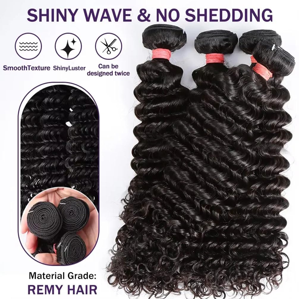 12A Water Wave Human Hair (20 22 24 Inch) 100% Unprocessed Deep Curly Weave Brazilian Human Hair Bundles Full And Thick Virgin Raw Hair Extensions Natural Color