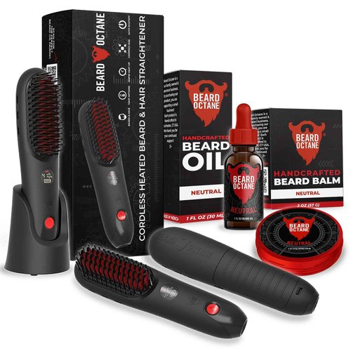 Beard Octane: Cordless Beard Straightener Kit w/Unscented Natural Beard Balm & Beard Oil - Style Condition - Ceramic Heated Brush - Gift for Guys