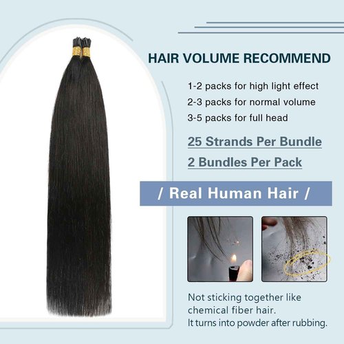 I Tip Human Hair Extensions 28 Inch #1B Natural Black - Long Straight Pre Bonded Black I Tip Hair Extensions 50g/50Strands