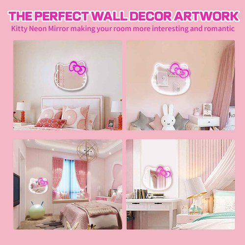 MCJSGSP Anime Hello Kit Cat Neon Sign Mirror 12 * 9.5 inch Vanity Mirror with Lights Bedroom Wall Mirror for Pink Room Decor and a Makeup Mirror with Lights Teen Girl Gifts