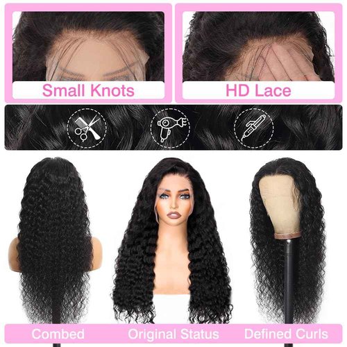 BVLBVL 13x6 Deep Wave Lace Front Wigs Human Hair 180 Density HD Lace Frontal Wig Curly Wig Pre Plucked Wet and Wavy 24 inch, Real Human Hair No Synthetic Blend No Tangle No Shedding Triple Lifespan 3X