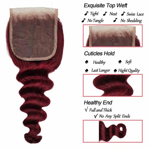 99J Burgundy Bundles with Closure,Wine Red 99J Colored Loose Deep Wave Bundles with 4x4 Lace Closure Red Human Hair with Closure (99j Burgundy Loose Deep 12 14 16+12)