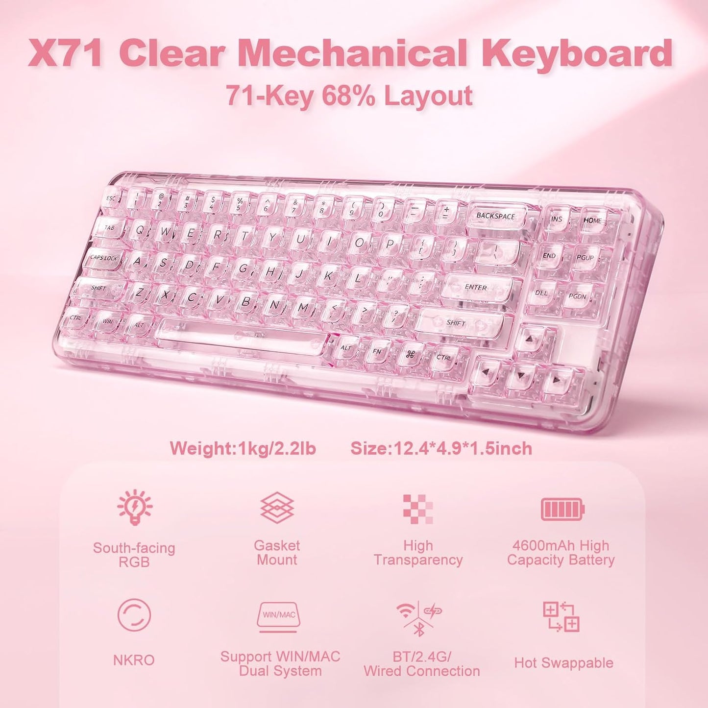 YUNZII X71 Wireless Hot Swappable Transparent Mechanical Keyboard with Clear Keycaps, 68% Layout, BT5.0/2.4G/USB-C Gasket Mount Wireless RGB Backlit for Windows/Mac(Crystal Ice Switch,White)