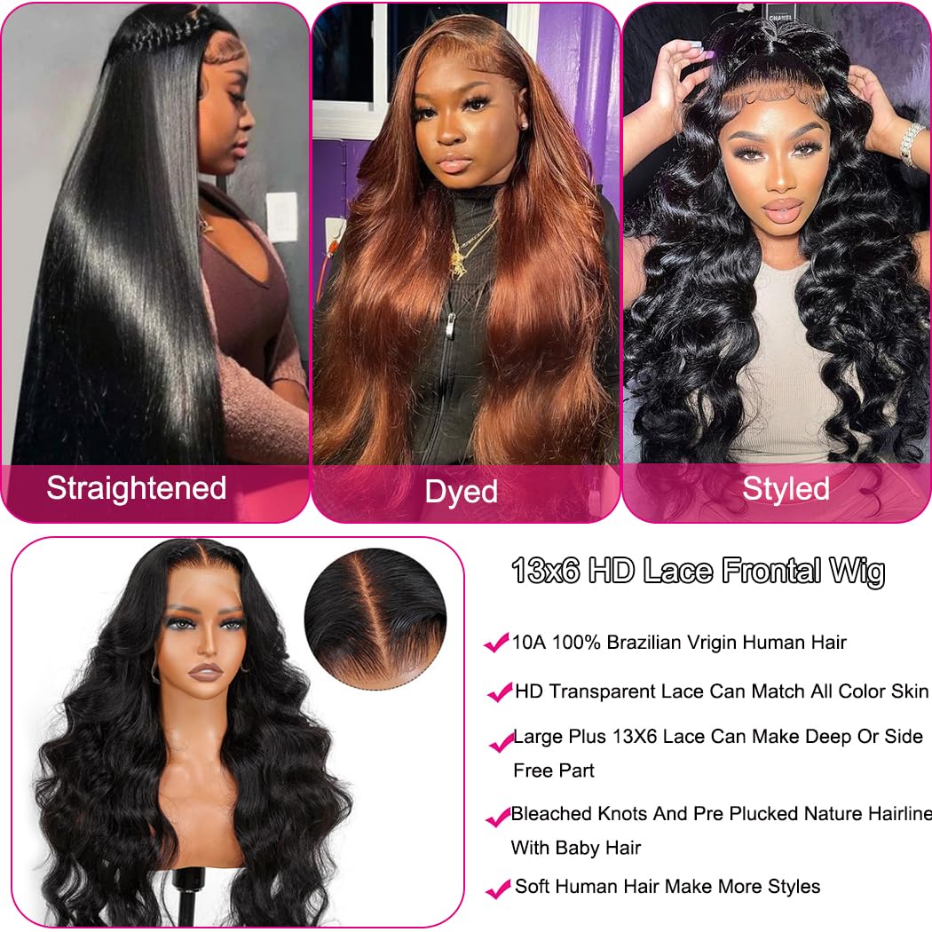 13x6 Lace Front Wigs Human Hair Brazilian Glueless Wigs Human Hair Pre Plucked with Baby Hair Body Wave Lace Front Wigs for Black Women 200 Density HD Lace Frontal Wigs with Elastic Band 22 Inch