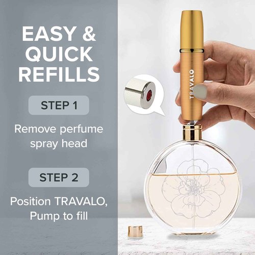 Travalo LUX Perfume Atomizer Bundle - Leak-Proof and TSA Approved for Air Travel - Reusable, Easy Fill Mini Pump Sprayer - Lightweight, Brushed Polished Metal - Gold, Black, Silver - 3 Pack