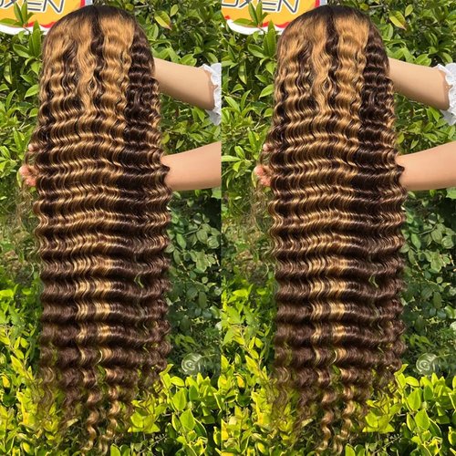 Jenniferita Ombre Honey Blonde Wear and Go Glueless Deep Curly Wave Lace Front Wigs Human Hair Highnight HD Lace Front Wigs Human Hair 4/27 Frontal Wigs Human Hair Curly Wigs 200% Density 16 Inch