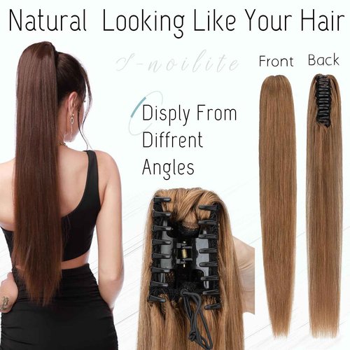 S-noilite Claw Clip Ponytail Extension Human Hair #6 Light Brown Real Remy Human Hair Ponytail Extension 14inch Long Straight Hair Pony Tails Hair Extensions For Women 105Grams
