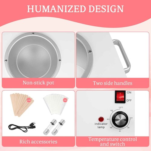 Wax Warmer for Hair Removal, Large Non-Stick Wax Pot with Easy-Clean Removable Liner, Includes 100 Sticks, 50 Collars & 2 Replacement Fuses, for Spa, Salon, Esthetician or Home Use