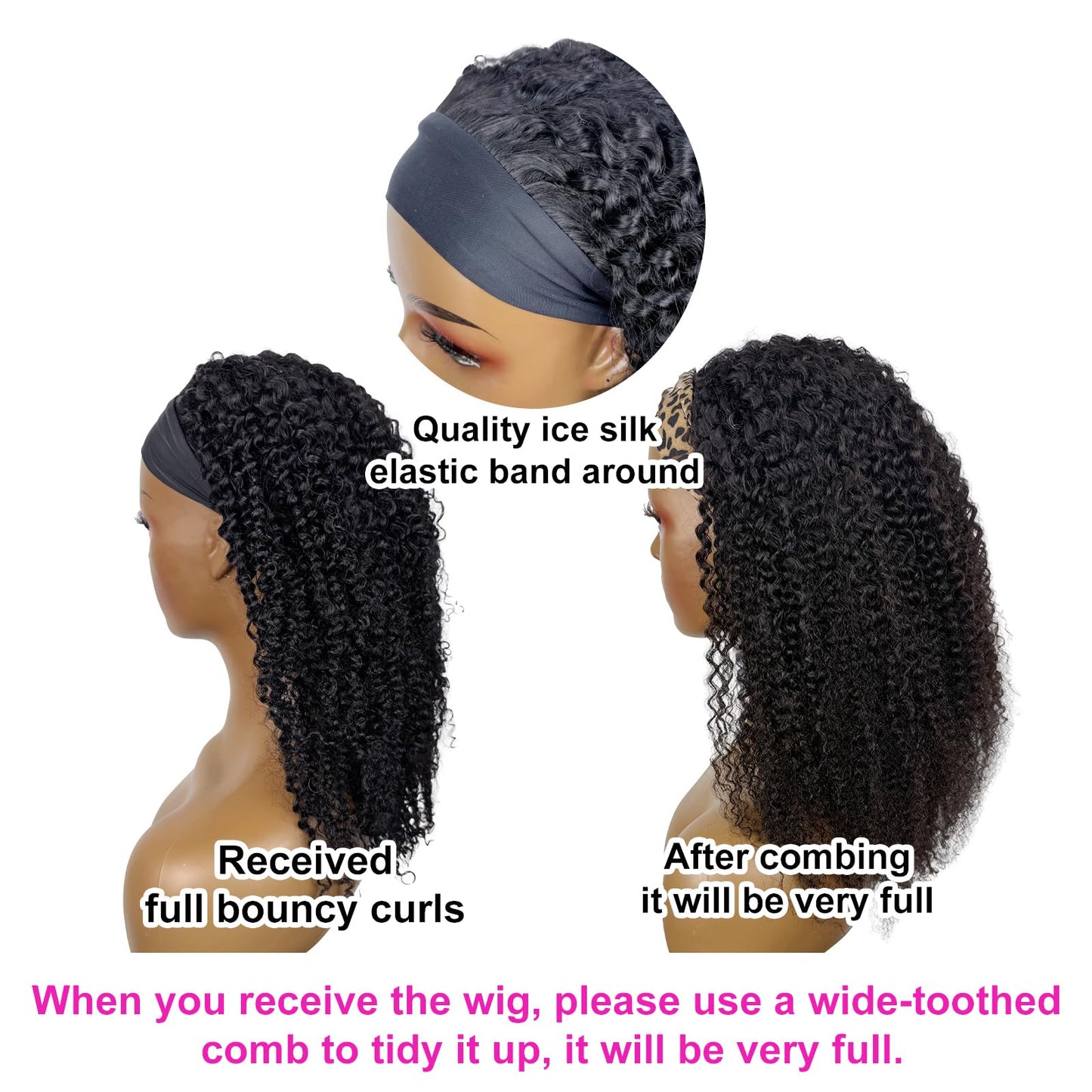 Kinky Curly Headband Wig Human Hair 24 Inch Headband Wigs for Women Human Hair Glueless None Lace Front Curly Wave Wigs Brazilian Virgin Hair Wear and Go Glueless Wig 150% Density Natural Black Color