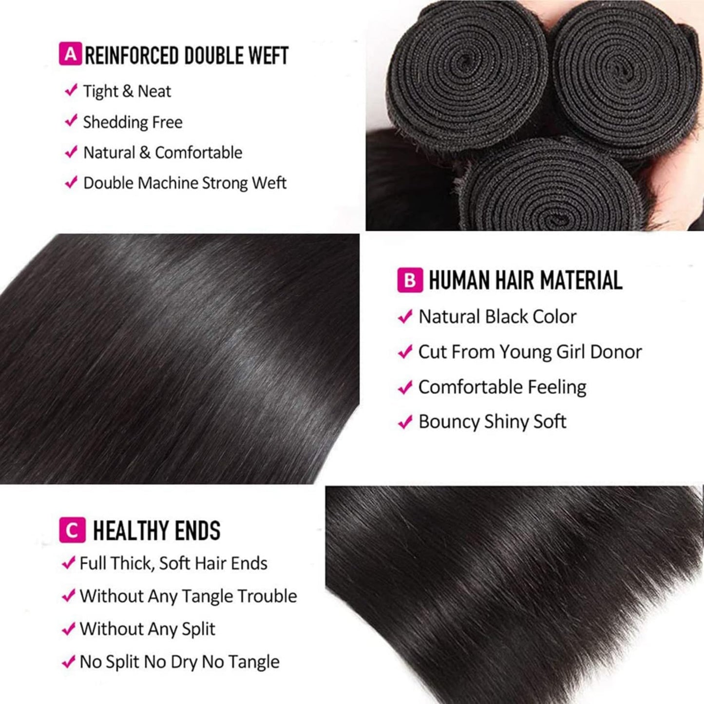 15A Straight Bundles Human Hair 22 24 26 Inch 300g/pack Brazilian Human Hair Bundles for Black Women Double Weft Natural Color