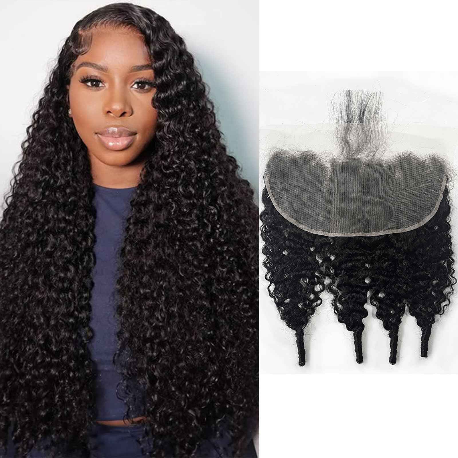 13x6 Frontal Human Hair Burmese Curly HD Transparent Lace Ear to Ear Lace Frontal Closure With Baby Hair Free Part 100% Virgin Human Hair Natural Black 14 Inch