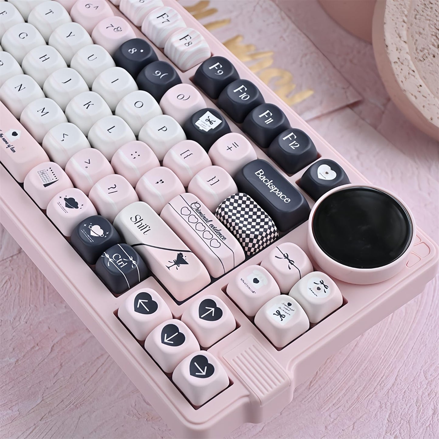 ZMX MOA Profile Cute Kawaii Pink and Black Keycaps, PBT Dye-Sub Custom Full Size Keycap Set for Cherry MX Switch ANSI Layout 75% 60% Mechanical Gaming Keyboard