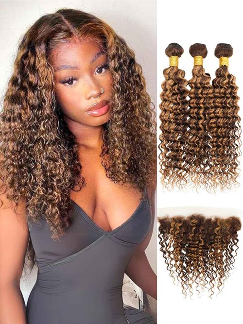AUROO Honey Blonde Highlight Deep Wave Bundles with Frontal Closure, 12A Thick Tracks Deep Wave 13x4 Ear to Ear Lace frontal and 3 Bundles Virgin Hair 4/27 Ombre Brown Curly Bundles 10 12 14 + 10 Inch