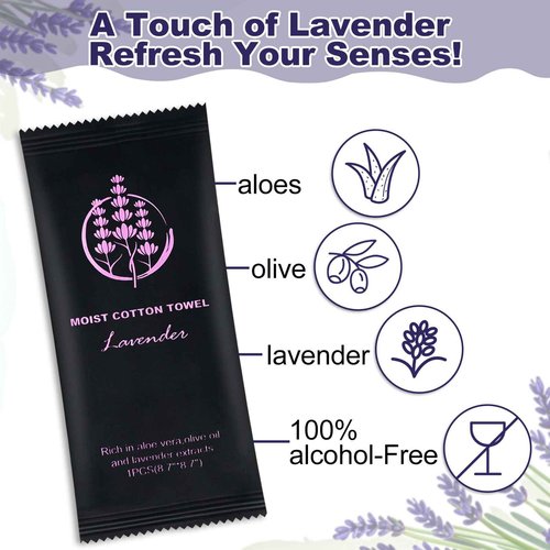 Moist Cotton Towel Bulk Moist Towelettes Individually Wrapped,White Towel Services,Refreshment Pre Moistened Towels for Dentist Travel Sport Party Hotel （Lavender,200)