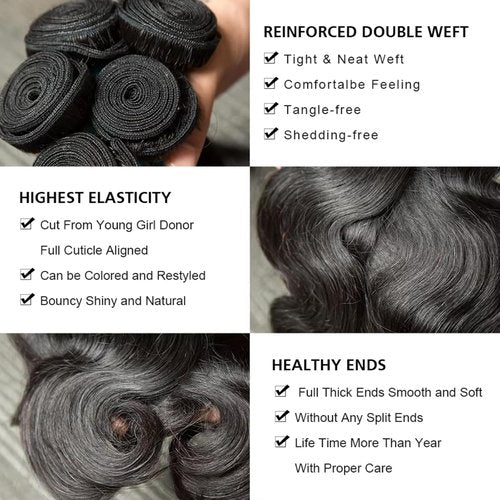 Brazilian Body Wave Virgin with Lace Closure(16 18 20 with14 Closure) Human Hair Unprocessed Hair with Closure 4X4 Lace Natural Black Hair