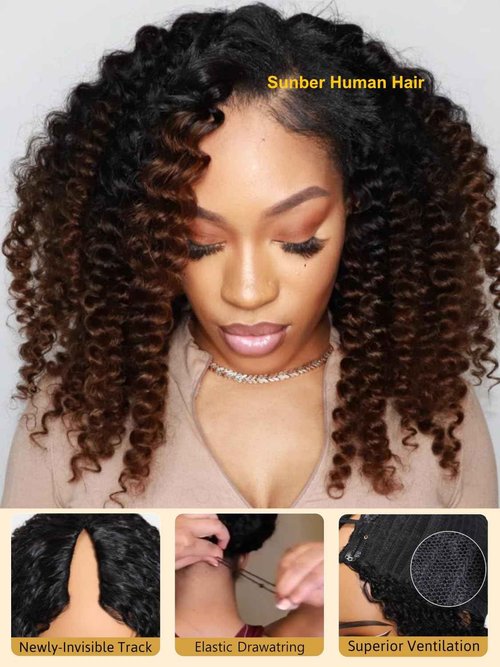 Sunber EasiContour V Part Human Hair Ombre Chestnut Brown Curly Glueless Wig Upgrade Vpart Wigs No Leave Out No Gel 180% Density V Shape Clip Wigs No Sew in Ready to Go Beginner Friendly 18Inch