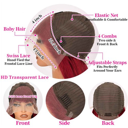 LUOSIWLD 99j Lace Front Wigs Human Hair Glueless Transparent Wigs for Women Burgundy Straight 150% Density 13×4 HD 20 inch