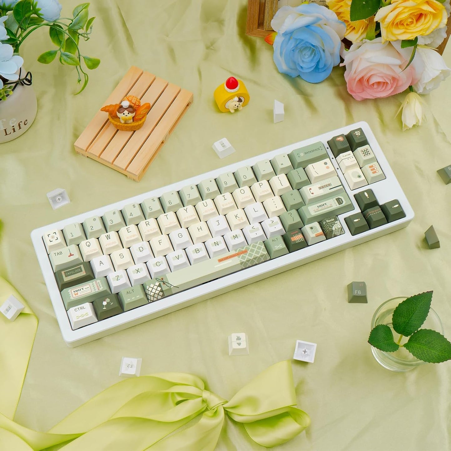 145 Keys PBT Keycap Cherry Profile, Light Blue White Black Bow Aesthetic Dye Sublimation Gaming Custom Keycaps for ANSI/ISO Layout Mechanical Keyboards