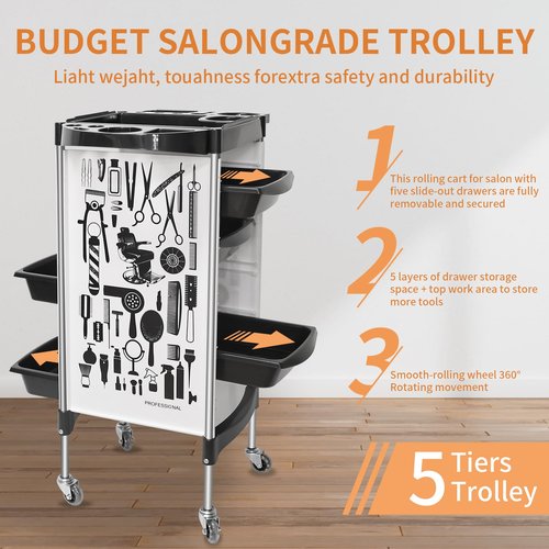Salon Cart on Wheels, Multifunction 5 Drawer Hair Stylist Station Rolling Trolley - Professional Hairdresser Hair Dye Storage Beauty Barber Moveable Station (White)