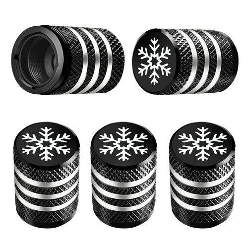 Tire Valve Stem Cap Cover - (5 Pack) Tire Air Caps Metal with Plastic Liner Corrosion Resistant Leak-Proof Snow Snowflake for Car Motorcycle Bike Black