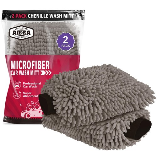 AIDEA Car Wash Mitt Microfiber-2Pack, Scratch-Free& Lint-Free, Premium Chenille Microfiber Wash Mitt-Grey Regular Size (7.12''X10.14'')