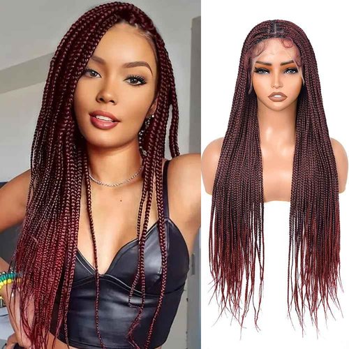 Suntefic Knotless Box Braided Wigs for Black Women Glueless Double Full Lace Front Human Hair Blended Lightweight Hand Braid Wig with Baby Hair (Ombre Burgundy, 30 Inch)