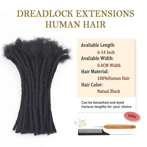 10 Inch 0.4cm Thickness Dreadlock Extensions Human Hair 60Strands 100% human hair Full handmade Loc Extensions Human Hair Can Be Curled and Bleached Dreads Extension for Men Women （Natual Black）