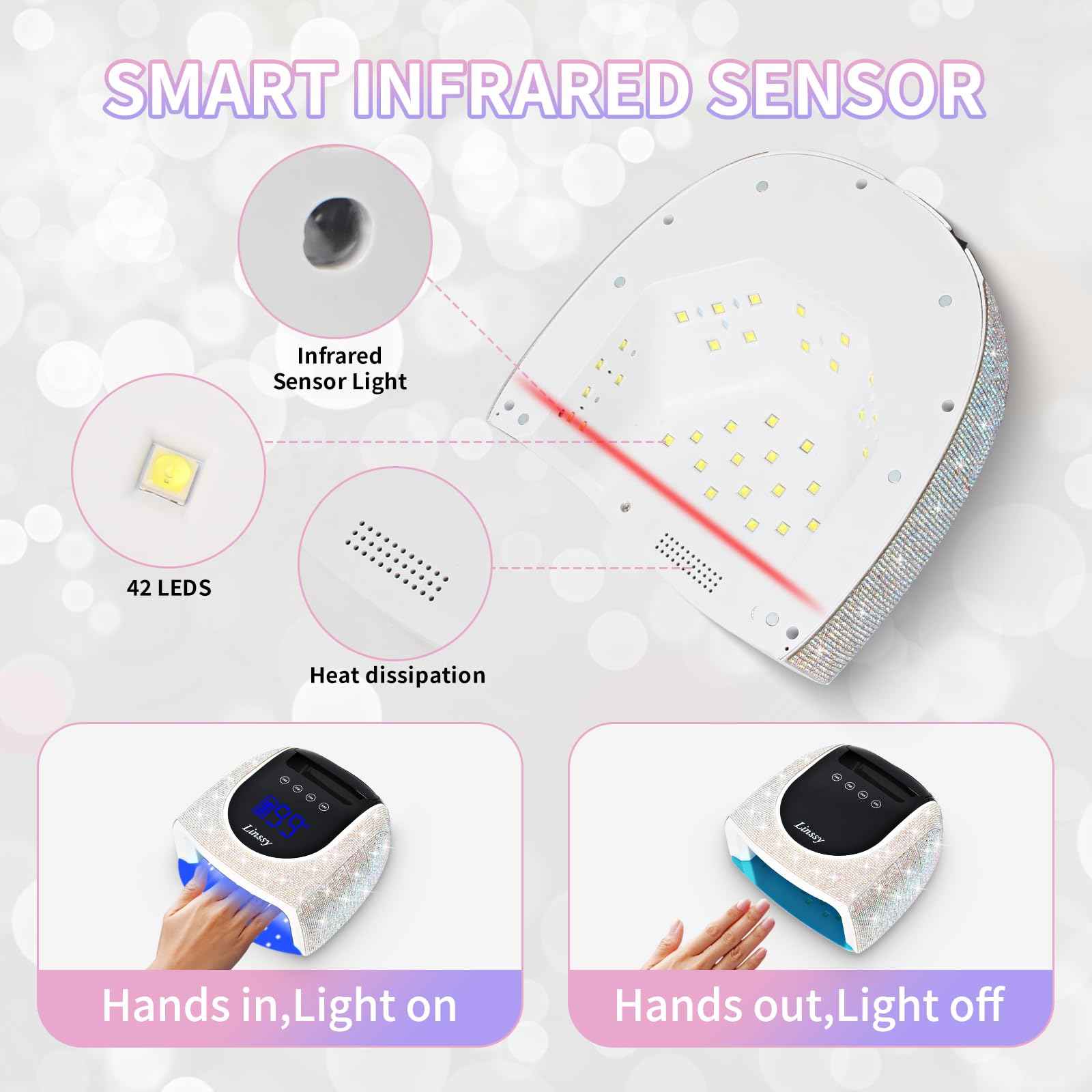 Linssy 96W UV LED Cordless Nail Lamp,Nail Dryer with 42 Beads,UV Light for Gel Nails Manicure for Fingernails & Toenails,Professional LED Nail Lamp for Salons with 4 Timers and Smart Sensor (Diamond)