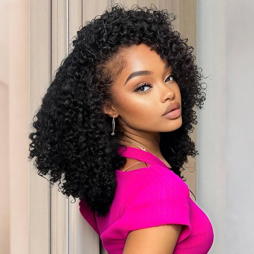 SKYDO Kinky Curly Half Wig Human Hair 250 Density 16inch Wear and Go Glueless Wigs Human Hair 3 in 1 Half Wigs for Women Drawstring Seamless Flip Headband Wig Beginner Friendly