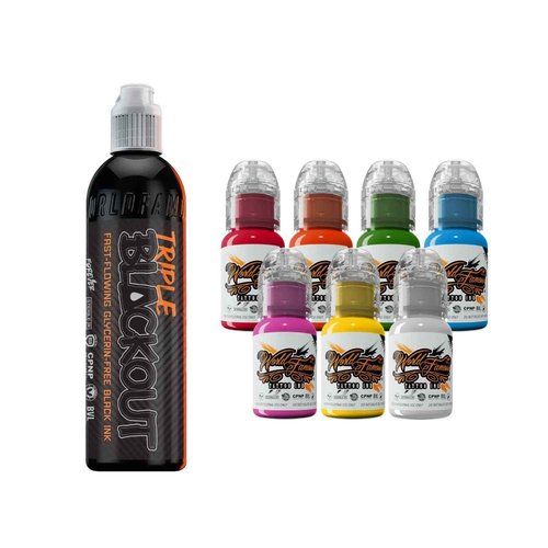 World Famous Tattoo Ink Bundle with Triple Blackout Tattoo Ink (4 oz) & 7 Color Simple Tattoo Kit (7 Bottles, 0.5 oz Each) - Professional Tattoo Ink & Tattoo Supplies - Skin-Safe, Vegan & Non-Toxic
