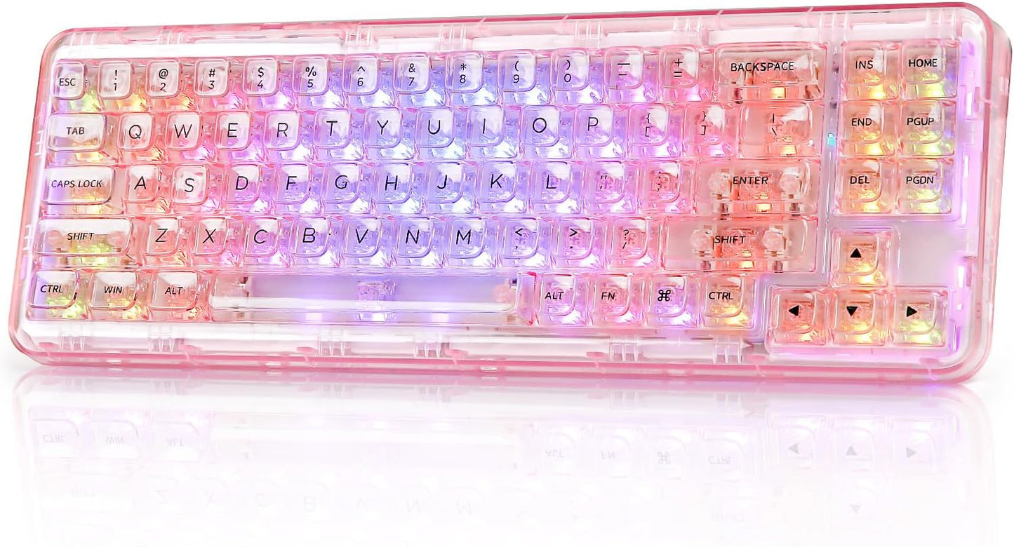 YUNZII X71 Wireless Hot Swappable Transparent Mechanical Keyboard with Clear Keycaps, 68% Layout, BT5.0/2.4G/USB-C Gasket Mount Wireless RGB Backlit for Windows/Mac(Crystal Ice Switch,White)