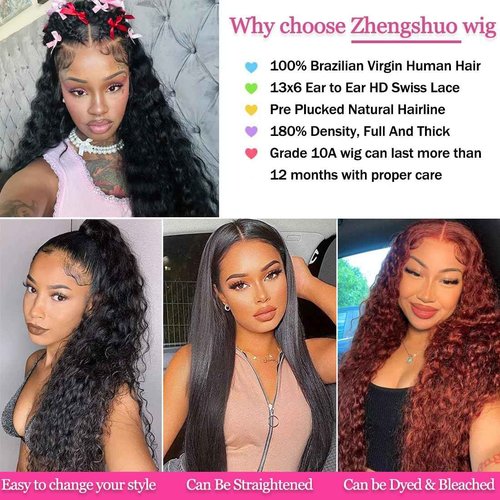 Zhengshuo 13x6 Lace Front Wigs Human Hair 200% Density HD Lace Front Wigs Human Hair Pre Plucked Deep Wave Wig for Women 24 Inch