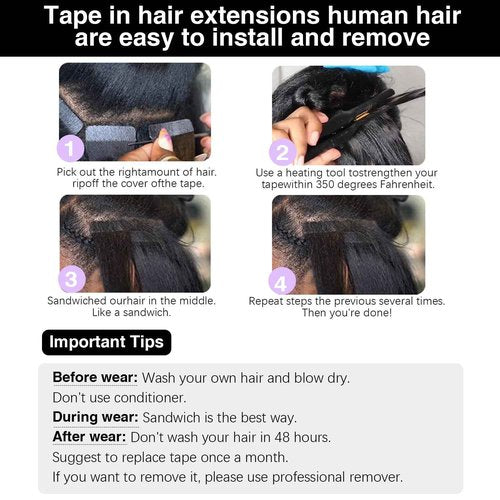 Liqusee Kinky Straight Tape In Hair Extensions Human Hair 100% Remy Hair Natural Black 22 inch 20pcs 50g/Pack Double Sided Seamless Skin Weft Tape ins Real Human Hair Extensions for Black Women