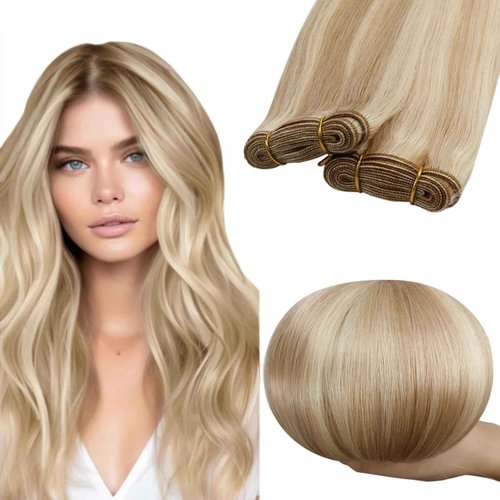 RUNATURE Sew in Hair Extensions Real Human Hair Weft Extensions Blonde Highlights Long Weft Hair Extensions Human Hair for Women, Tangle-free Remy Hair, 20 Inch 100g #18P60
