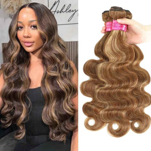 Ombre Human Hair 3 Bundles 14 16 18 Inch Ombre Highligh Body Wave Human Hair Bundles Brown 12A 100% Unprocessed Brazilian Virgin Remy Hair Bundle Double Weft Hair Extensions for Black Women