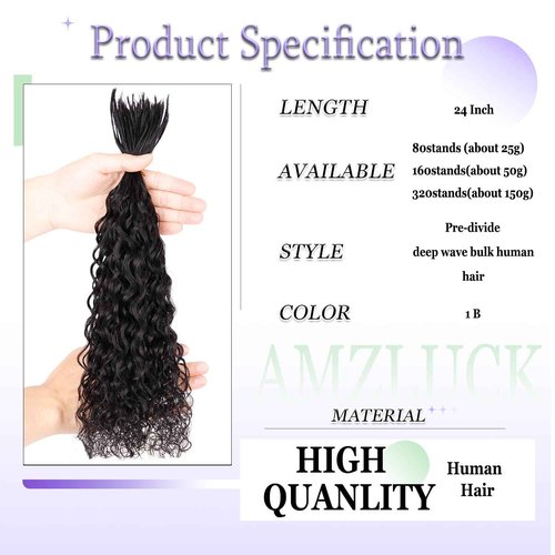 Pre-Divided Human Braiding Hair for Water Deep Wave Bulk Braiding Curly Human Hair for Boho Locs Crochet Braids Human Hair Extensions (1B, 24"-240Strands)