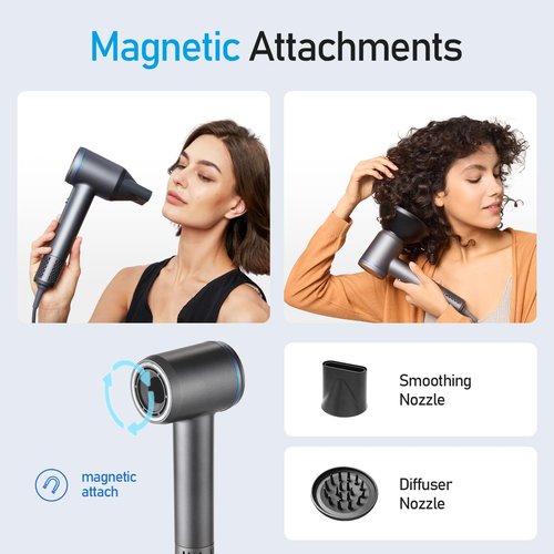Plasma Blow Dryer, 1400W Fast Drying Hair Dryer with Magnetic Nozzle and Diffuser, 110,000RPM High-Speed with Brushless Motor, Low Noise, Touch Screen Stepless Control Hairdryer for Home or Travel