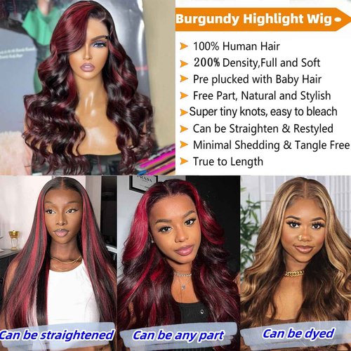 KeepMe Burgundy Lace Front Wigs Human Hair 1B/99J Highlight Wig Human Hair 13x4 Body Wave Lace Front Wigs Human Hair Pre Plucked 200% Density Red Wig Human Hair for Women 18 Inch