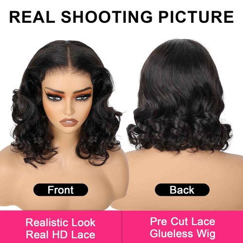 ISEE Wear and Go Glueless Wigs Human Hair Pre Plucked Pre Cut Short Bob Body Wave Lace Front Wigs Human Hair for Women Upgraded Glueless Bob Wig No Glue 6x4 HD Lace Closure Wigs (16 Inch)