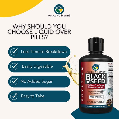 Amazing Herbs Egyptian Black Seed Oil - Gluten Free, Non GMO, Cold Pressed Nigella Sativa Aids in Digestive Health, Immune Support, Brain Function, Mild Flavor - 32 Fl Oz