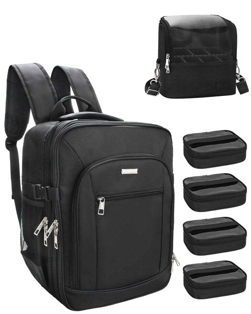 TANTO Makeup Backpack Makeup Artist Bag Professional Extra Large Cosmetic Bags Travel Train Case Storage Organizer Double-Layer Cosmetic Case with 4 Pouch and Brush Organizer (Black, two piece)