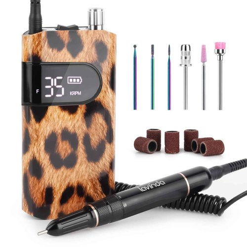 Lavinda 35000RPM Electric Nail Drill, Professional Cordless Nail Drill Machine Portable Rechargeable Nail Efile for Acrylic Gel Nails, Manicure Pedicure Tools for Salon Home Use-Leopard Print